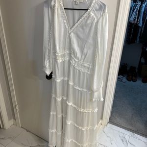 Satin Ruffle Deep V-Neck Long Smocked Cuff Sleeve Tiered Maxi Dress